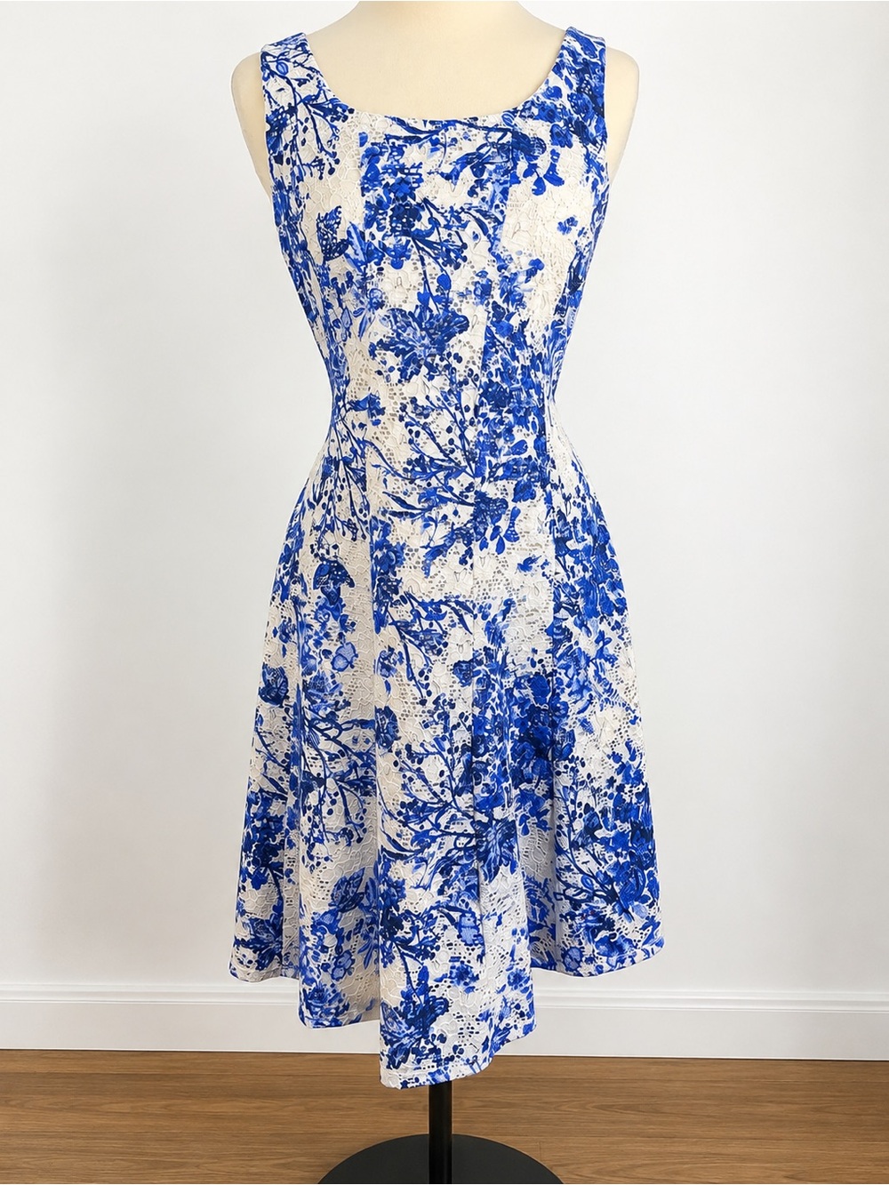 R&M Richards White Dress with Blue Floral Print
